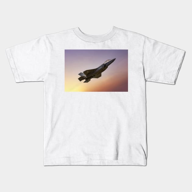 F35 Lightning at Sunset Kids T-Shirt by derek beattie